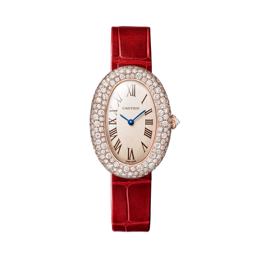 Cartier Baignoire WJBA0047 - Medium 18K rose gold, Silvered grained Dial, Red alligator leather strap