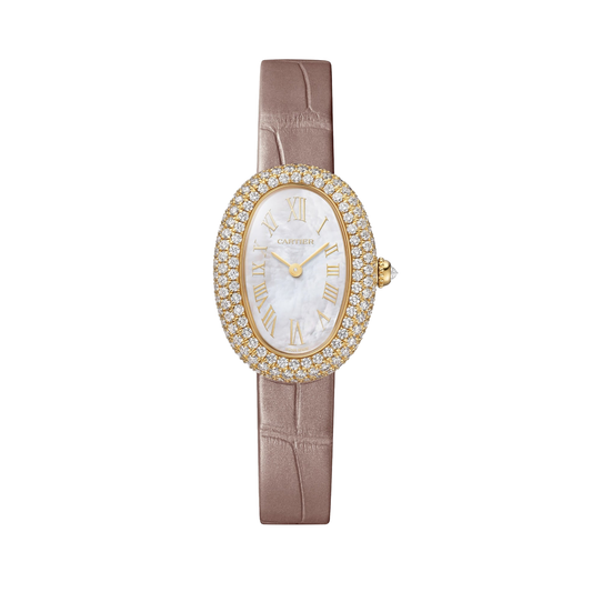 Cartier Baignoire WJBA0048 - Small model 18K yellow gold, Mother-of-pearl Dial, Semi-matte beige alligator leather strap