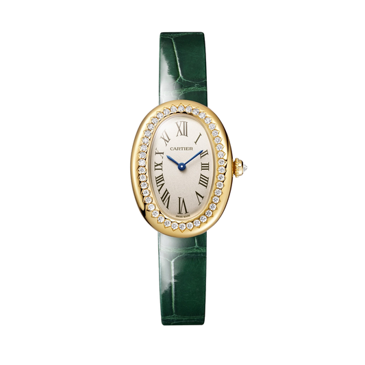 Cartier Baignoire WJBA0054 - Small model 18K yellow gold, Silvered Dial, Varnished green alligator leather strap