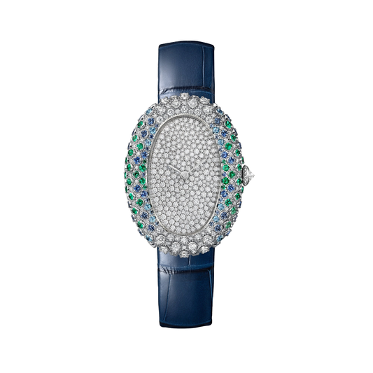 Cartier Baignoire WJBA0060 - Medium model 18K white gold, Dial set with 262 diamonds totaling 1.07 carats Dial, Blue alligator leather strap