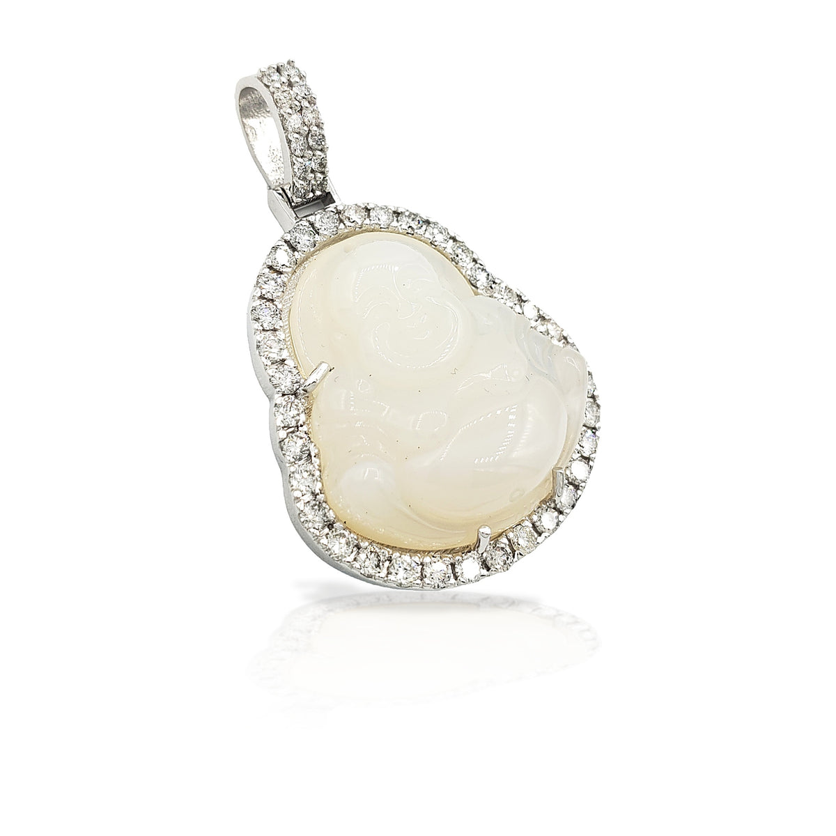14K White Gold Diamond Buddha With White Jade