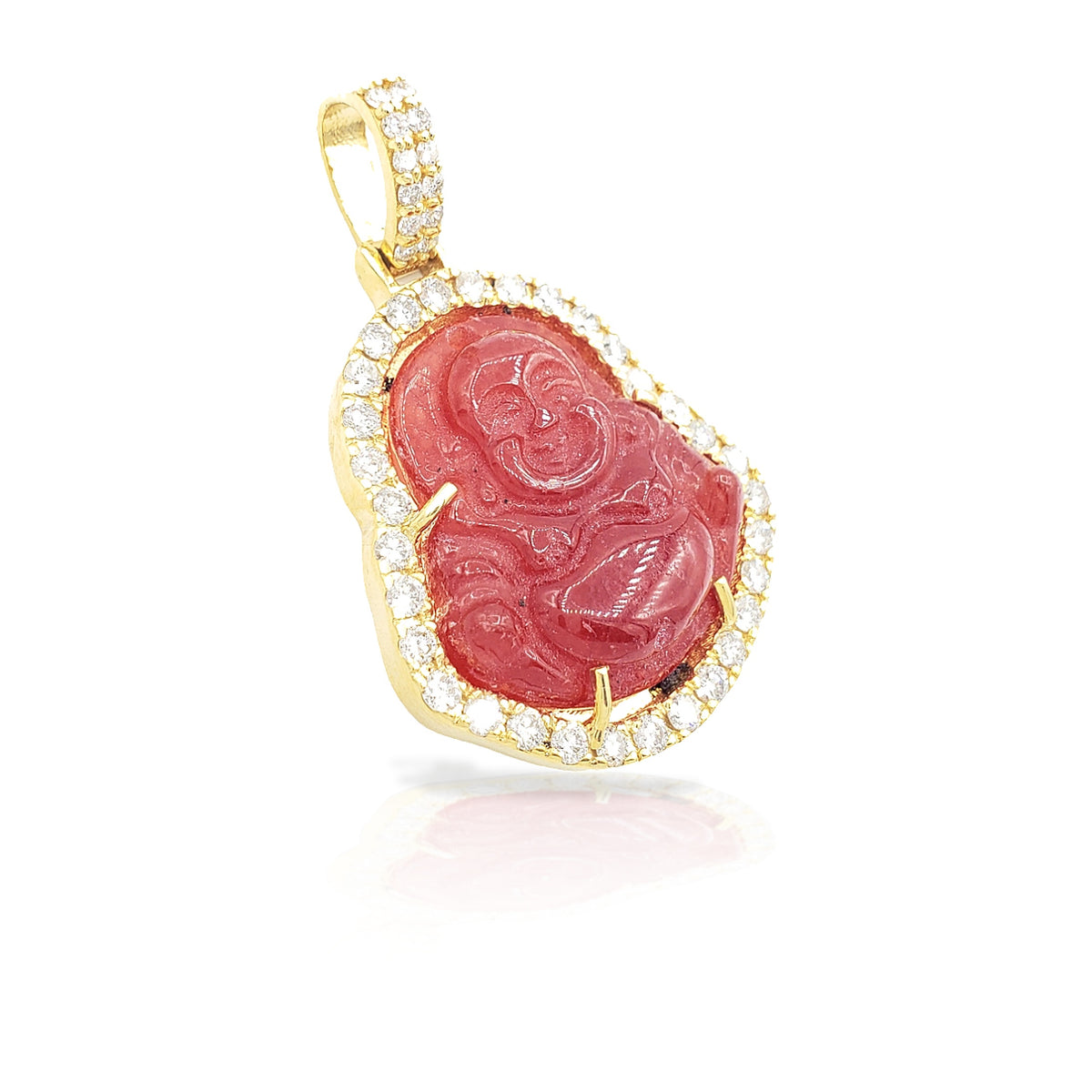 14K Yellow Gold Diamond Buddha With Red Jade