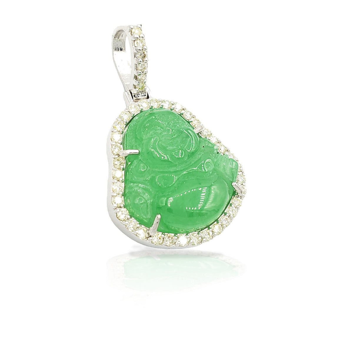 14K White Gold Diamond Buddha With Green Jade