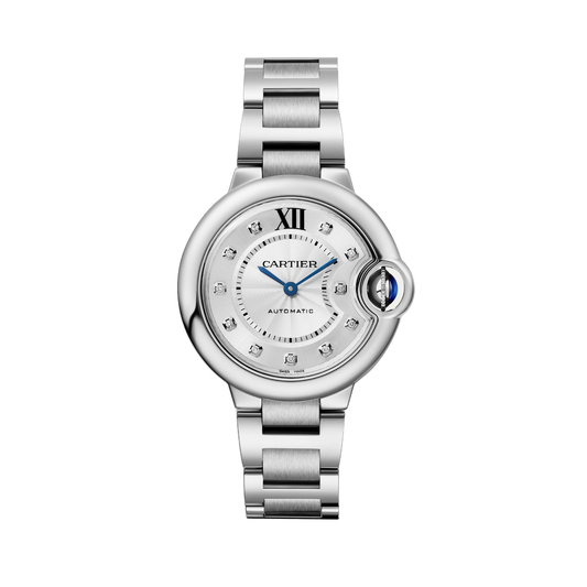 Cartier Ballon Bleu de Cartier W4BB0021 - 33 mm Steel, Silvered guilloché with 11 diamonds (0.05 ct) Dial, Steel bracelet