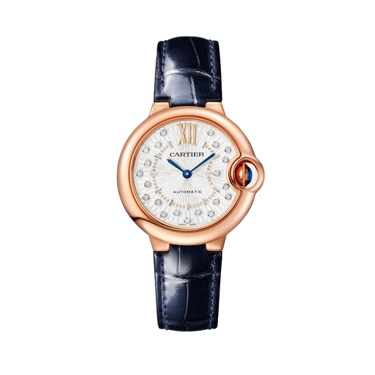 Cartier Ballon Bleu de Cartier WGBB0052 - 33 mm Rose gold, Matt silvered sunray with 21 diamonds (0.10 ct) Dial, Blue alligator leather strap