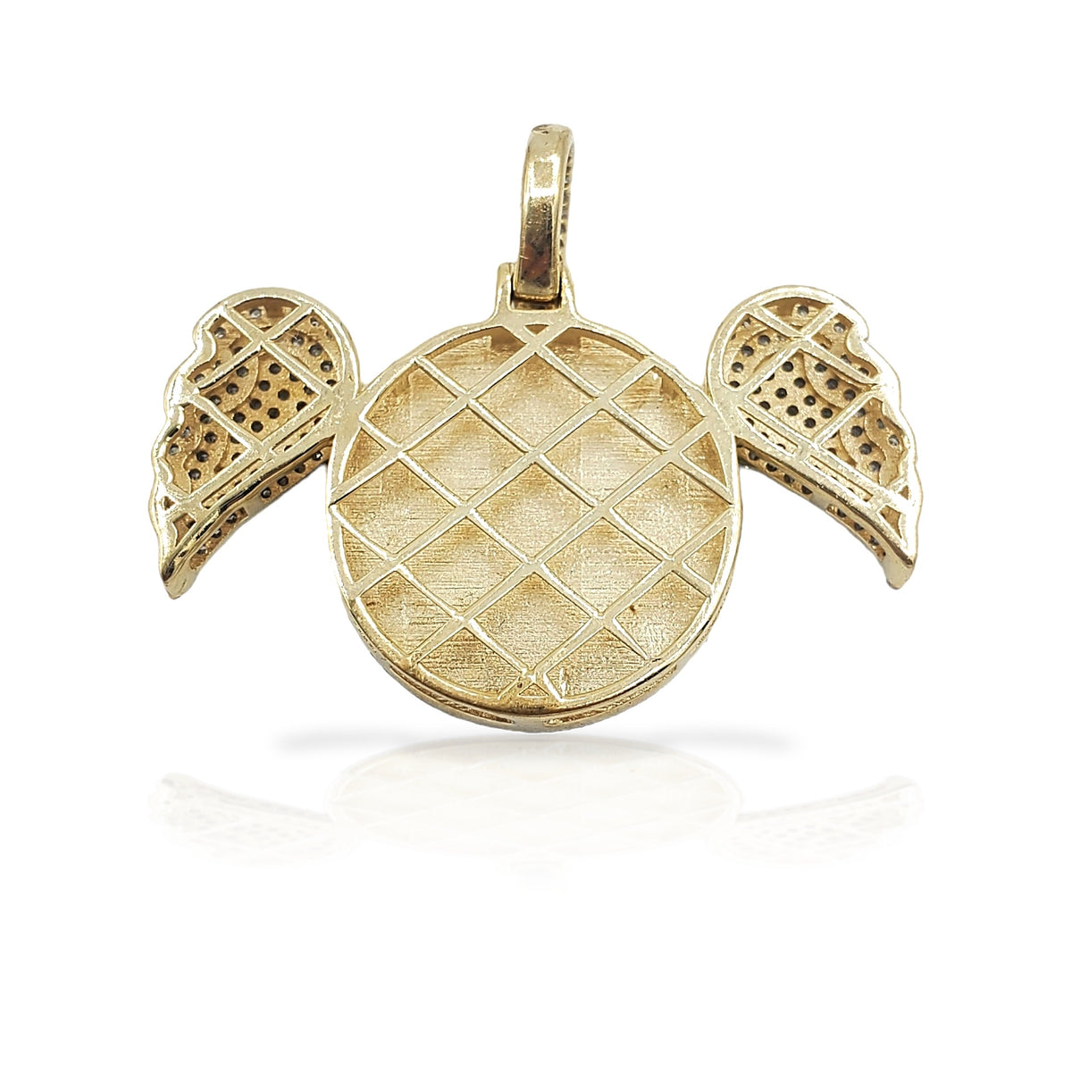 10K Gold Diamond Circle Picture Pendant with Angel Wings