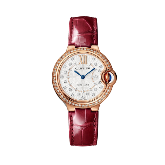 Cartier Ballon Bleu de Cartier WJBB0080 - 33 mm Rose gold, Matt silvered sunray with 21 diamonds (0.10 ct) Dial, Burgundy alligator leather strap