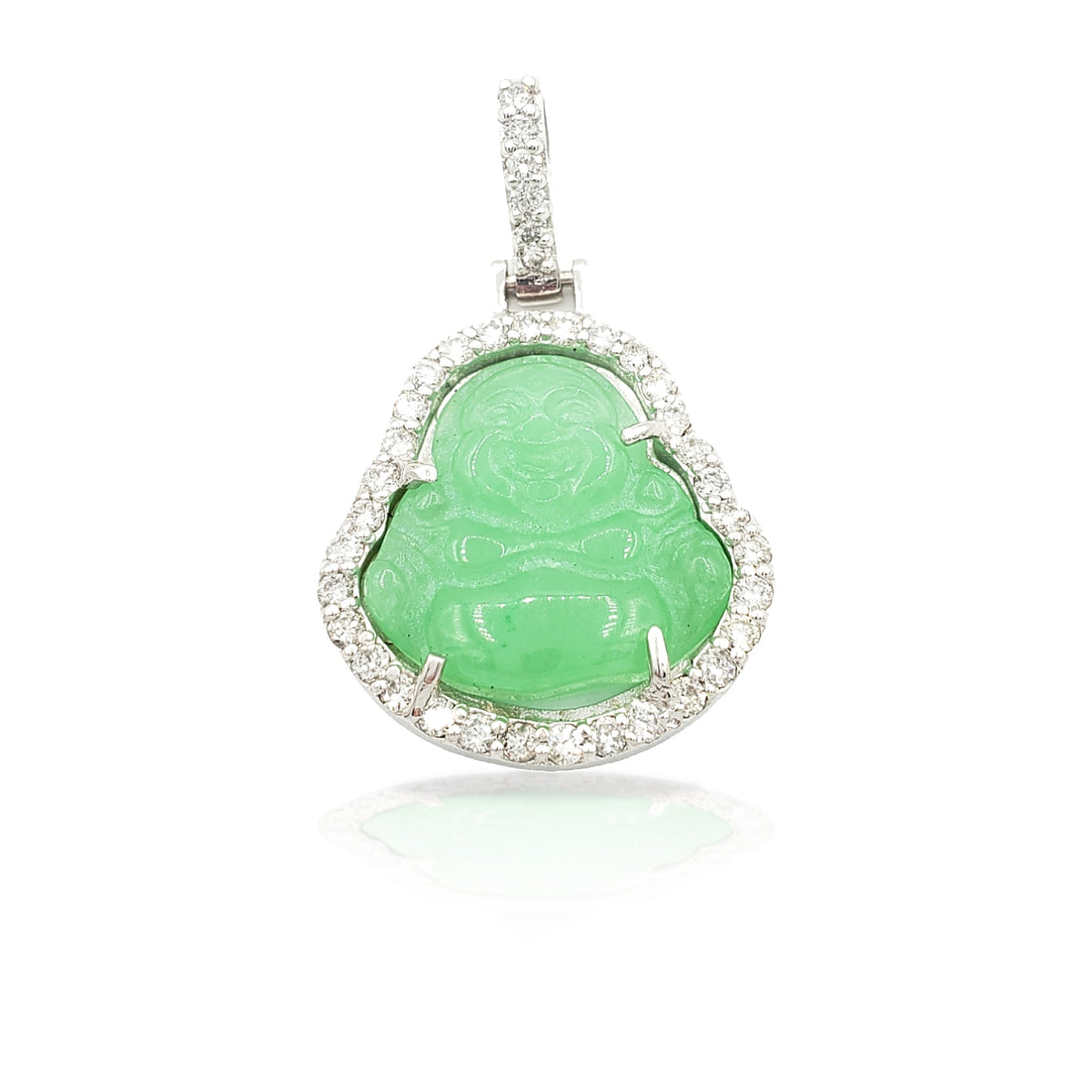 14K White Gold Diamond Buddha With Green Jade