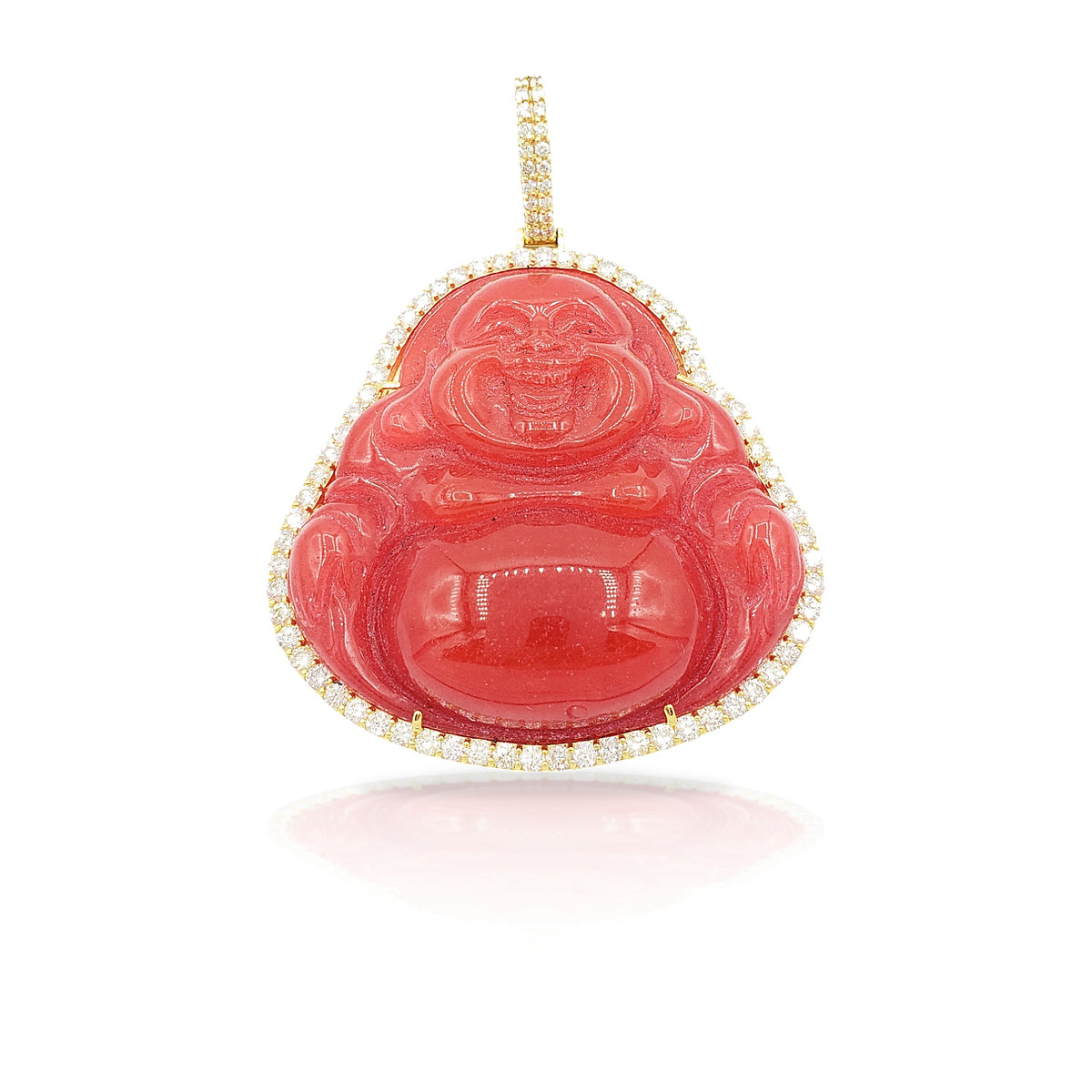 14K Yellow Gold Diamond Buddha With Red Jade
