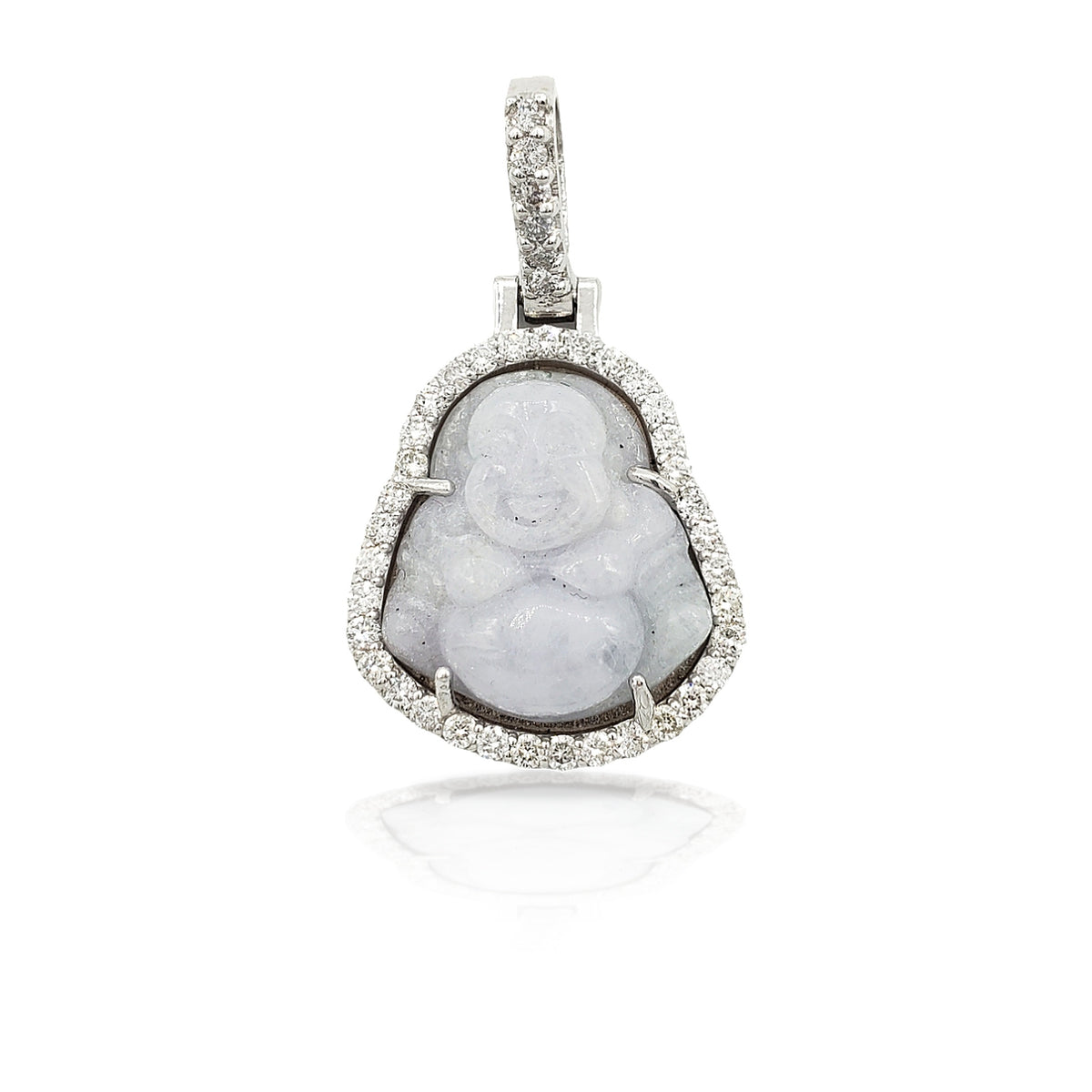 14K White Gold Diamond Buddha With White Jade