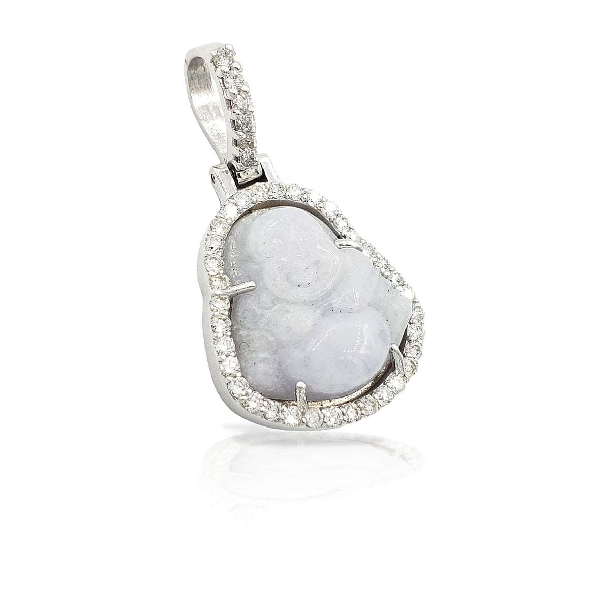 14K White Gold Diamond Buddha With White Jade