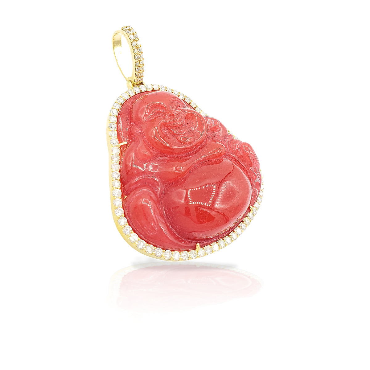 14K Yellow Gold Diamond Buddha With Red Jade