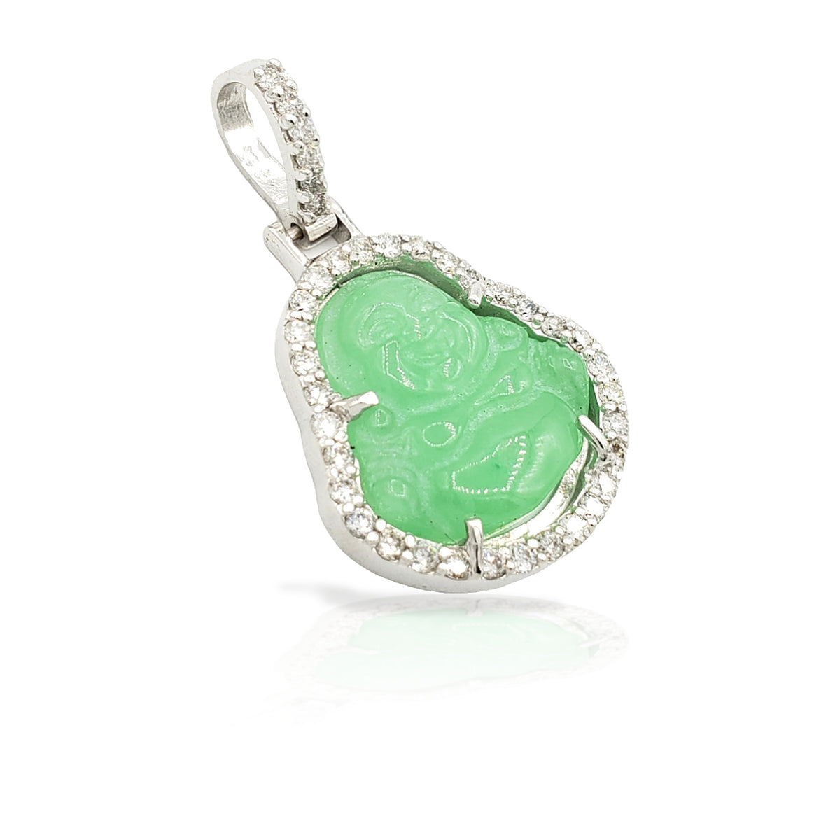 14K White Gold Diamond Buddha With Green Jade