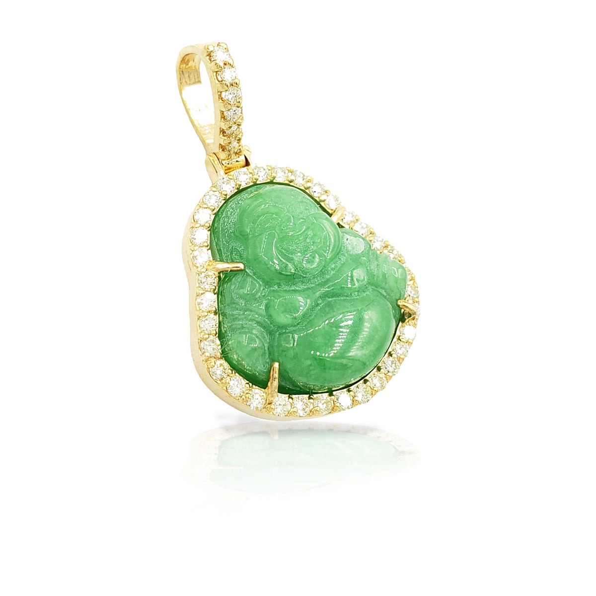 14K Yellow Gold Diamond Buddha With Green Jade