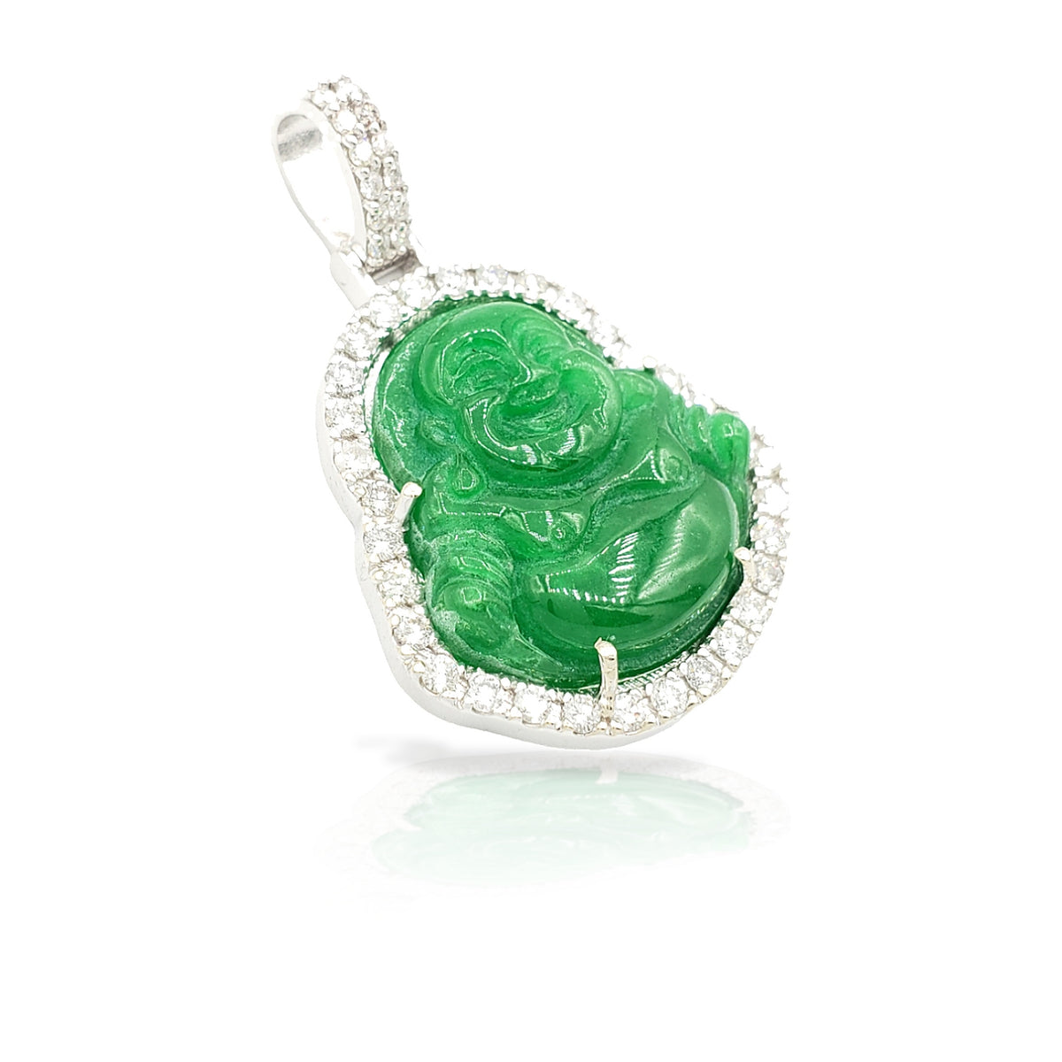 14K White Gold Diamond Buddha With Green Jade