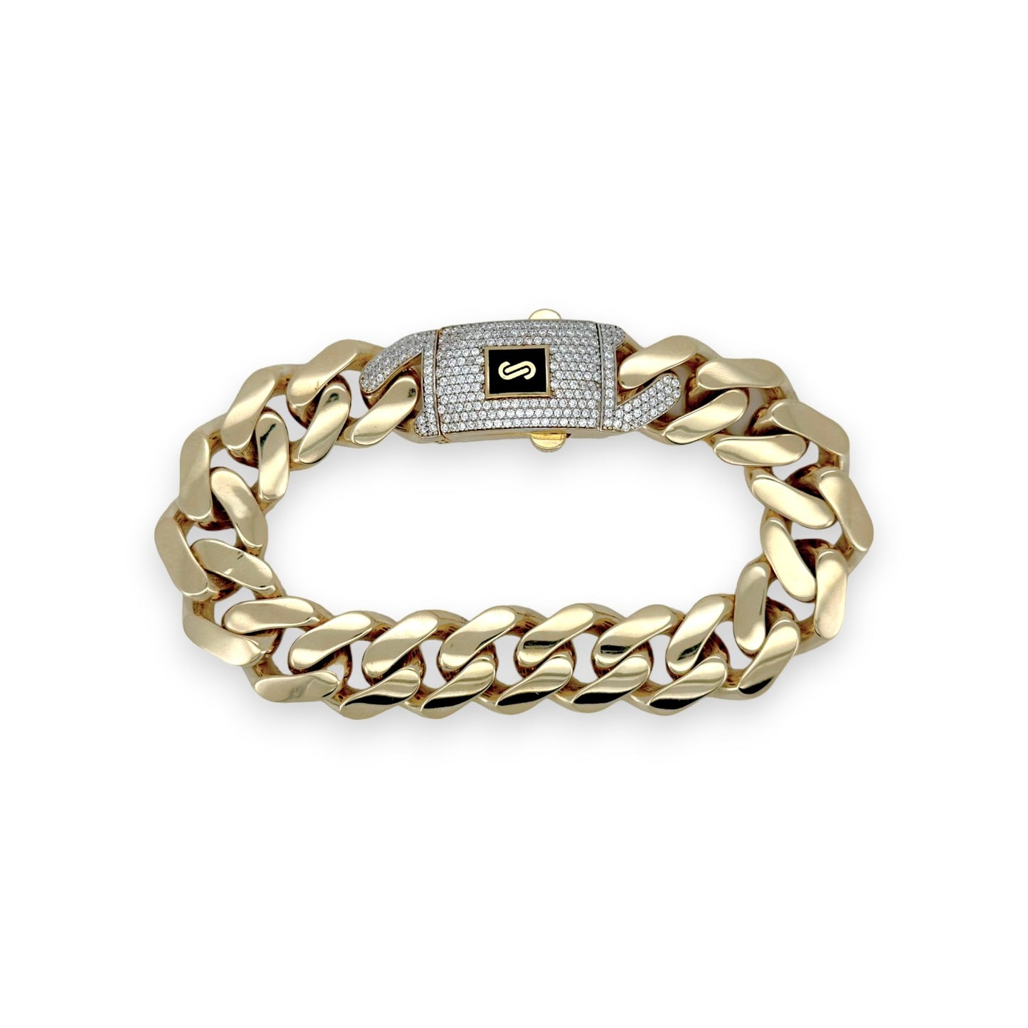 Monaco Chain Miami Cuban Royal Link CZ Lock Bracelet 14K Yellow Gold - Hollow