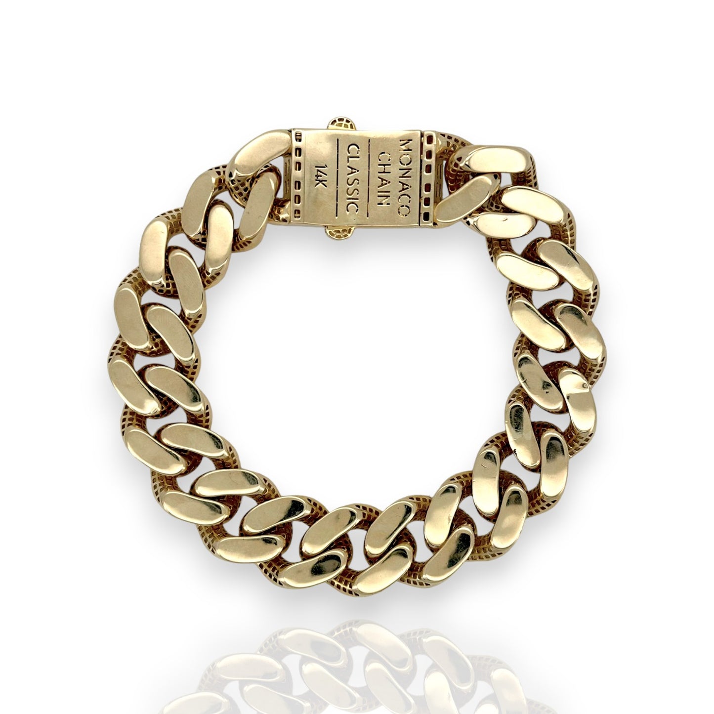 Monaco Chain Miami Cuban Royal Link CZ Lock Bracelet 14K Yellow Gold - Hollow