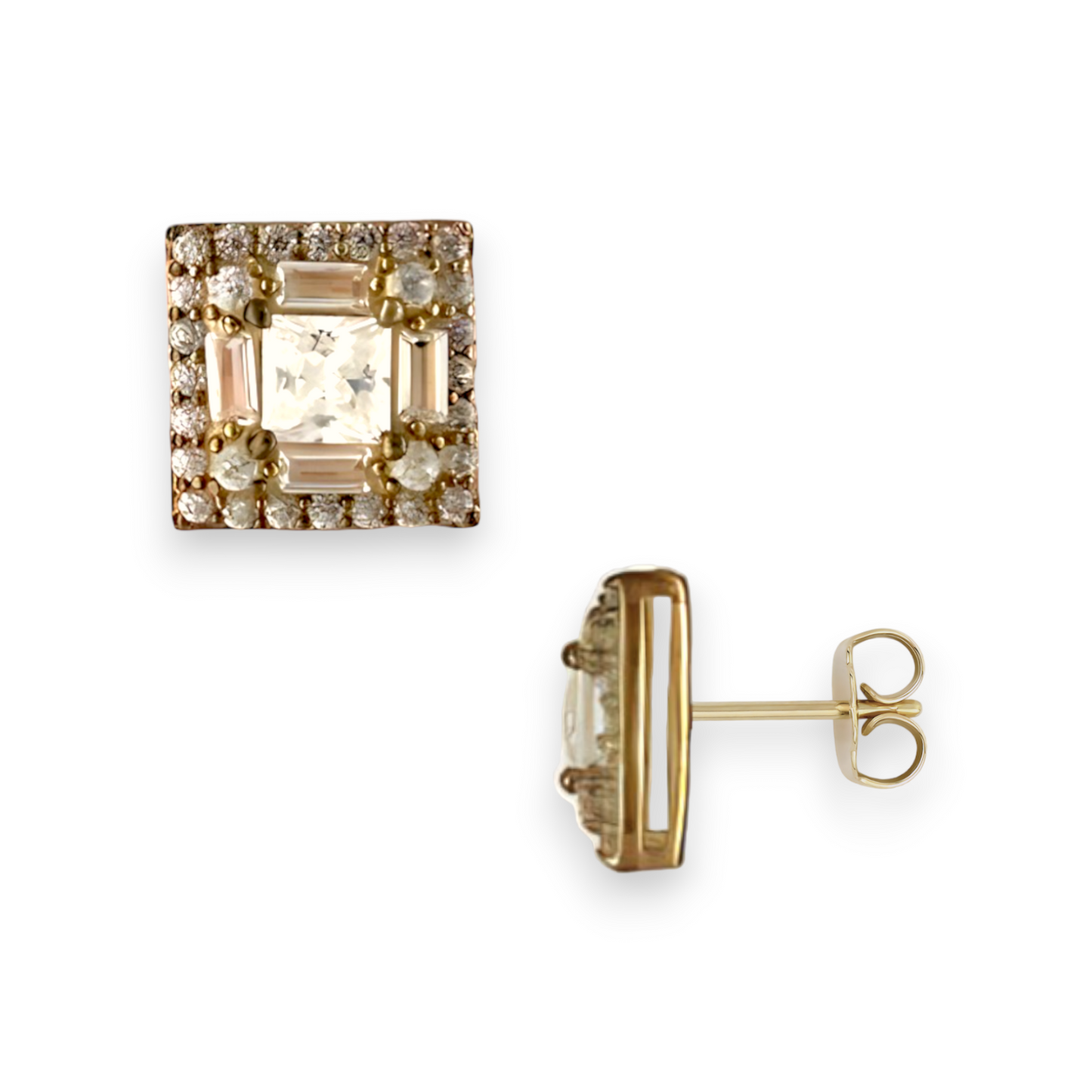Yellow Gold CZ Round Emerald and Baguette Cut Mico-Pave Hexagon Stud Earrings - 10k Yellow Gold