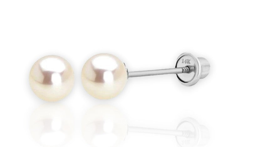 14K YELLOW GOLD ROUND GENUINE WHITE PEARL STUD EARRINGS SCREW BACKS