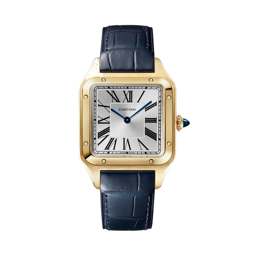 Cartier Santos-Dumont WGSA0139 - Large model 18K yellow gold, Silvered satin-finish sunray Dial, Navy blue alligator strap