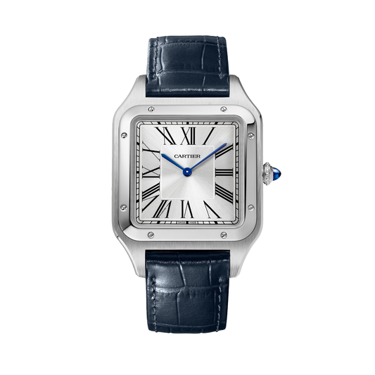 Cartier Santos-Dumont WSSA0032 - Extra-large model Steel, Silver satin-finish sunray Dial, Navy blue alligator strap