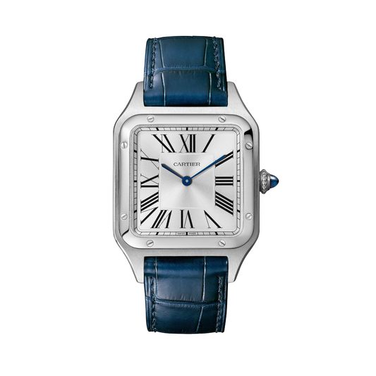 Cartier Santos-Dumont WSSA0085 - Large model Steel, Satin-brushed silver sunray Dial, Navy blue alligator strap