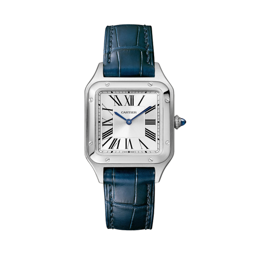 Cartier Santos-Dumont WSSA0086 - Small model Steel, Satin-brushed silver sunray Dial, Navy blue alligator strap