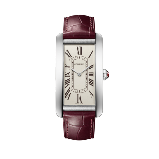 Cartier Tank Américaine WGTA0296 - Large model Platinum (950/1000), Grained with eggshell finish Dial, Semi-matte burgundy alligator leather strap