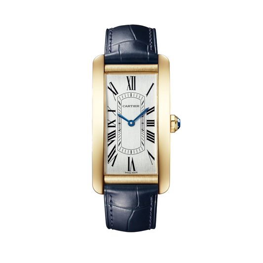 Cartier Tank Américaine WGTA0300 - Large model 18K yellow gold, Silvered satin-brushed Dial, Semi-matte navy blue alligator leather strap
