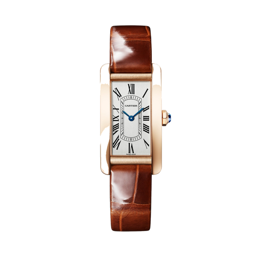 Cartier Tank Américaine WGTA0340 - Small model 18K rose gold, Silvered satin-brushed Dial, Dark brown shiny alligator-skin strap