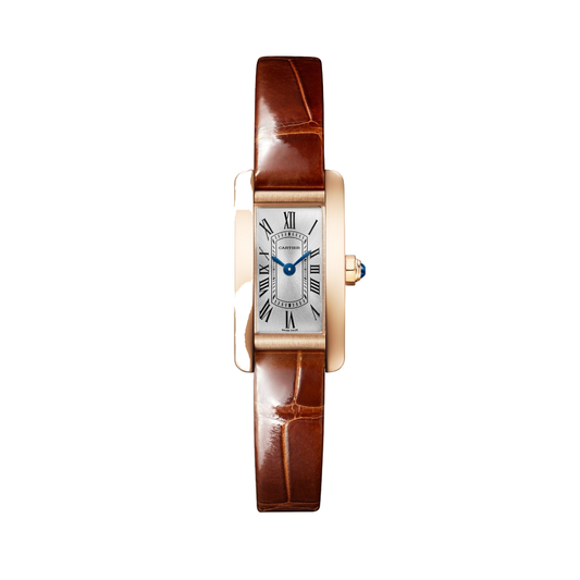 Cartier Tank Américaine WGTA0341 - Mini model 18K rose gold, Silvered sunray Dial, Dark brown shiny alligator-skin strap
