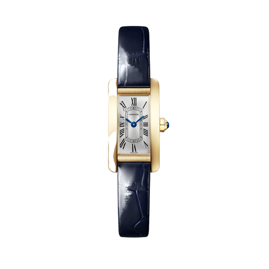 Cartier Tank Américaine WGTA0353 - Mini model 18K yellow gold, Satin-brushed silvered with sunray effect Dial, Shiny navy blue alligator leather strap