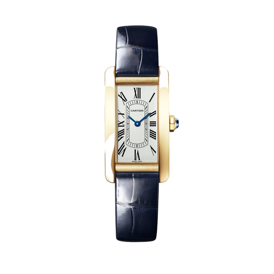 Cartier Tank Américaine WGTA0356 - Small model 18K yellow gold, Silvered satin-brushed Dial, Shiny navy blue alligator leather strap