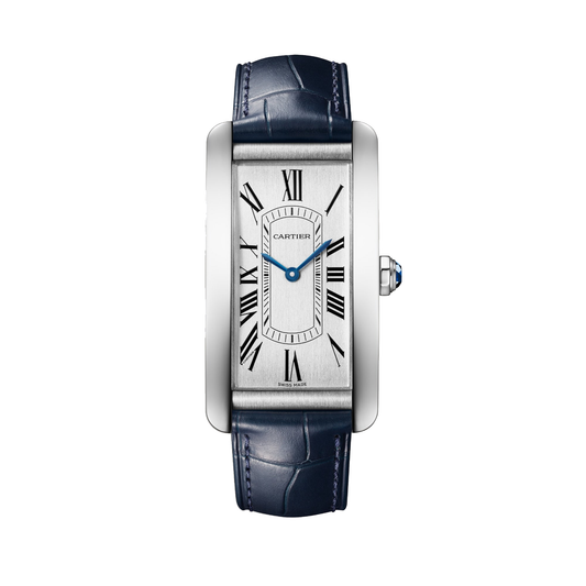 Cartier Tank Américaine WSTA0083 - Large model Steel, Silvered satin-brushed Dial, Semi-matte navy blue alligator-skin strap