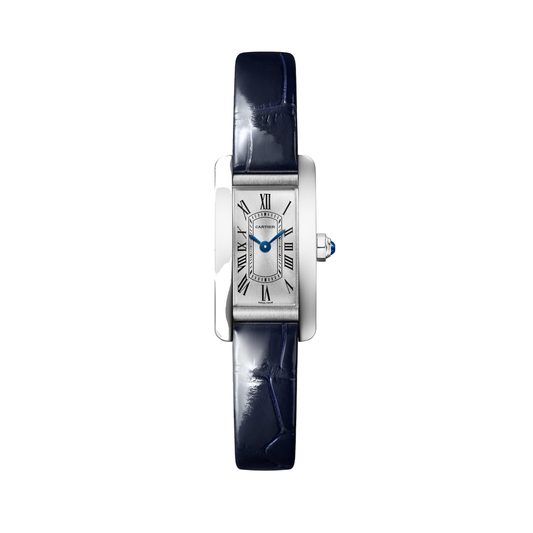Cartier Tank Américaine WSTA0116 - Mini model Steel, Silvered sunray Dial, Shiny blue alligator-skin strap
