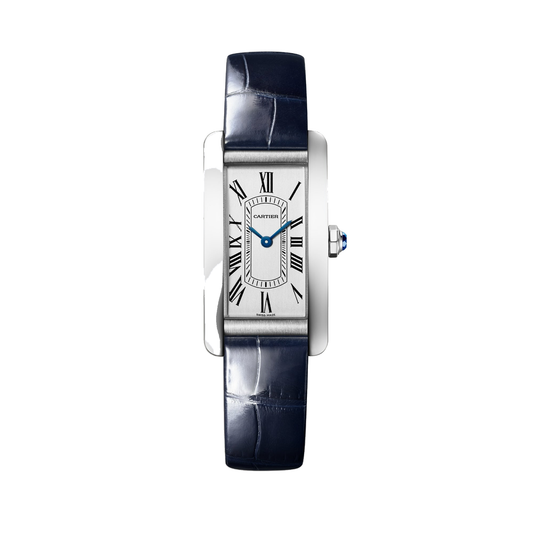 Cartier Tank Américaine WSTA0117 - Small model Steel, Silvered satin-brushed Dial, Shiny blue alligator-skin strap