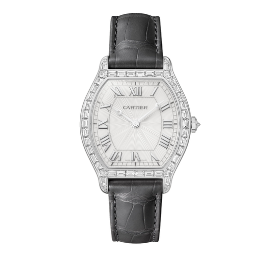 Cartier Tortue Watch HPI01830 - Large model Platinum 950/1000, Guilloché with silvered Roman numeral hour-markers Dial, Gray and navy blue alligator leather straps