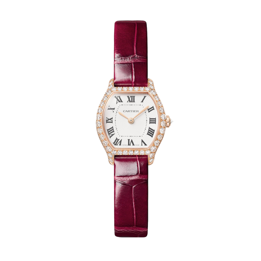 Cartier Tortue Watch WJTO0011 - Mini model 18K rose gold, White Dial, Shiny red alligator leather strap