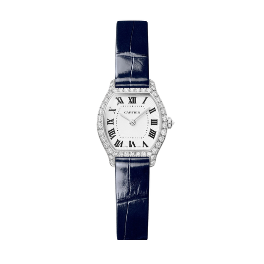 Cartier Tortue Watch WJTO0013 - Mini model Rhodiumized 18K white gold, White Dial, Navy shiny alligator leather strap