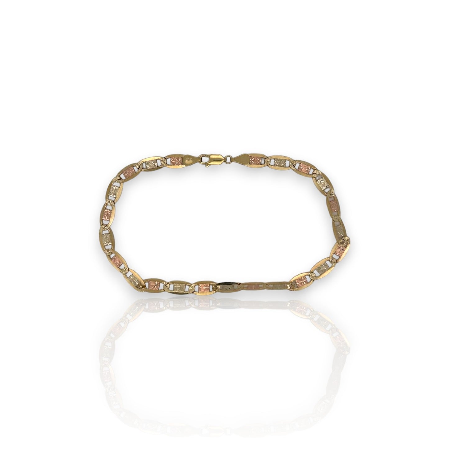 10K Fully Solid Valentino Tri Color Link Anklet - 10K Yellow Gold