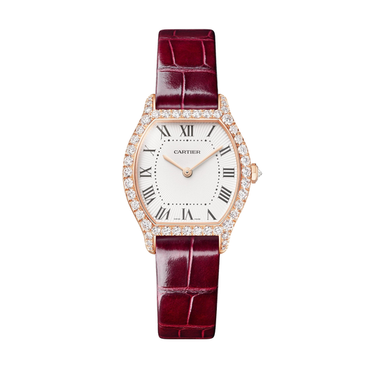 Cartier Tortue WJTO0012 - Small model 18K rose gold, White Dial, Shiny red alligator leather strap