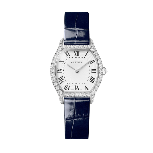 Cartier Tortue WJTO0014 - Small model Rhodiumized 18K white gold, White Dial, Shiny navy blue alligator leather strap