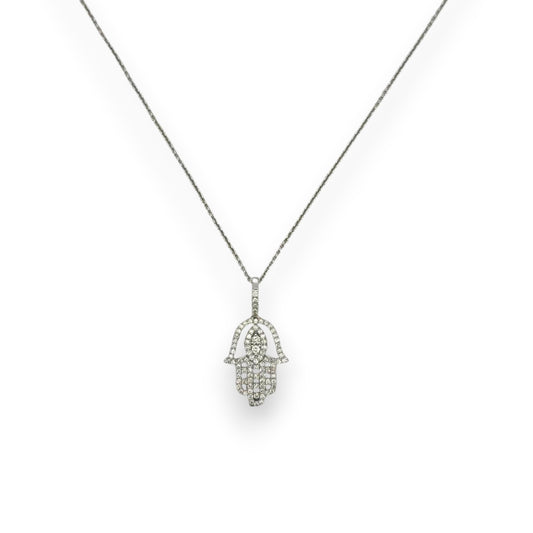 Hamsa Diamond Pendant With Cable Chain - 14K White Gold