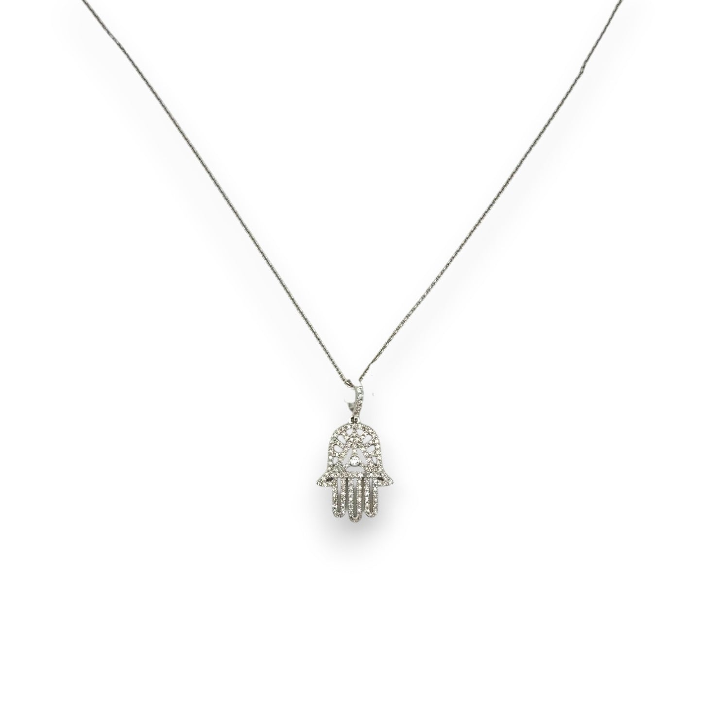 Hamsa Diamond Pendant With Cable Chain - 14K White Gold