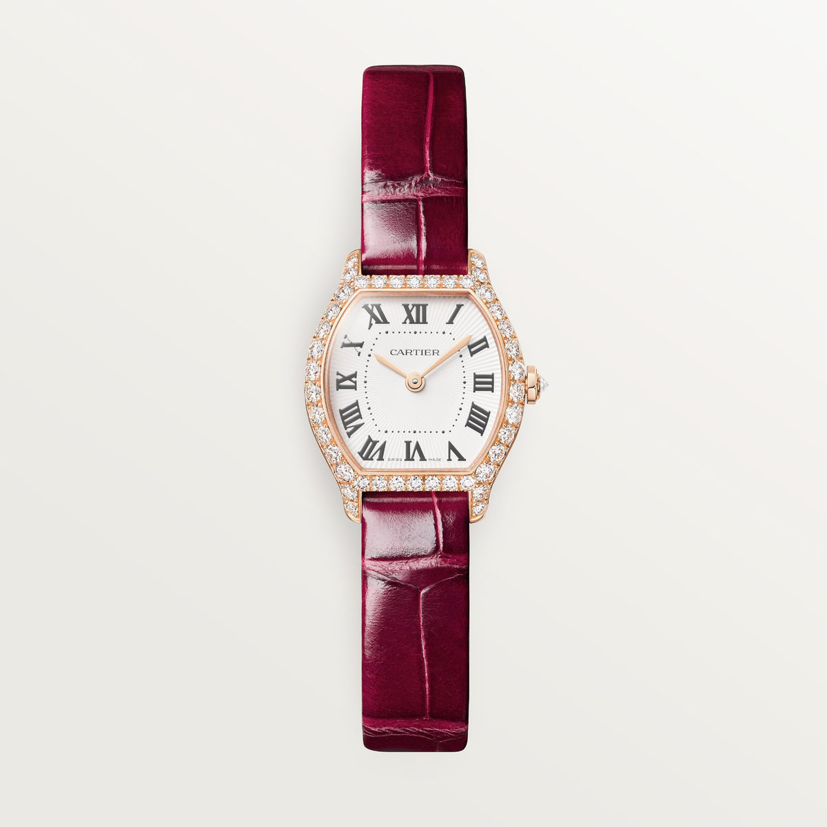Cartier Tortue Watch WJTO0011 - Mini model 18K rose gold, White Dial, Shiny red alligator leather strap