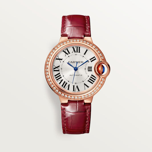 Cartier Ballon Bleu de Cartier WJBB0033 - 33 mm Rose gold, Silvered sunray-brushed Dial, Burgundy alligator leather strap