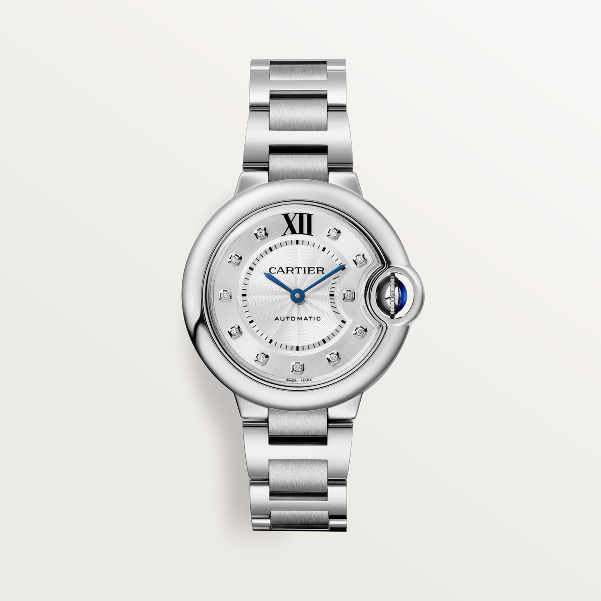 Cartier Ballon Bleu de Cartier W4BB0021 - 33 mm Steel, Silvered guilloché with 11 diamonds (0.05 ct) Dial, Steel bracelet
