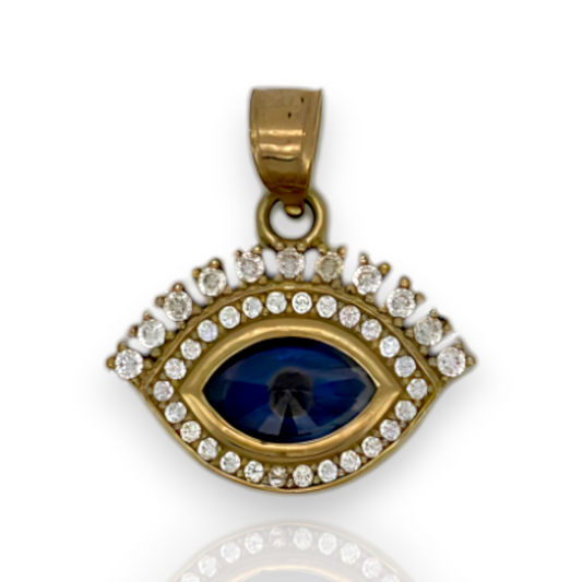 Evil Eye Charm Pendant With Blue Cubic Zirconia CZ - 10k Yellow Gold