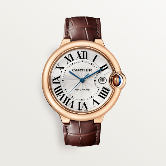 Cartier Ballon Bleu de Cartier WGBB0030 - 42 mm Rose gold, Silvered guilloché lacquered opaline Dial, Brown alligator leather strap