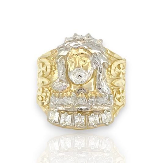 Cabeza de Jesús grande en dos tonos con anillo de circonita cúbica - Oro amarillo de 10 quilates 